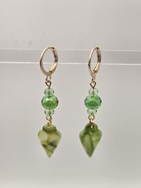 #B506- Gold Hoop Earrings with Green Crystal Beads and Green Clay Drops